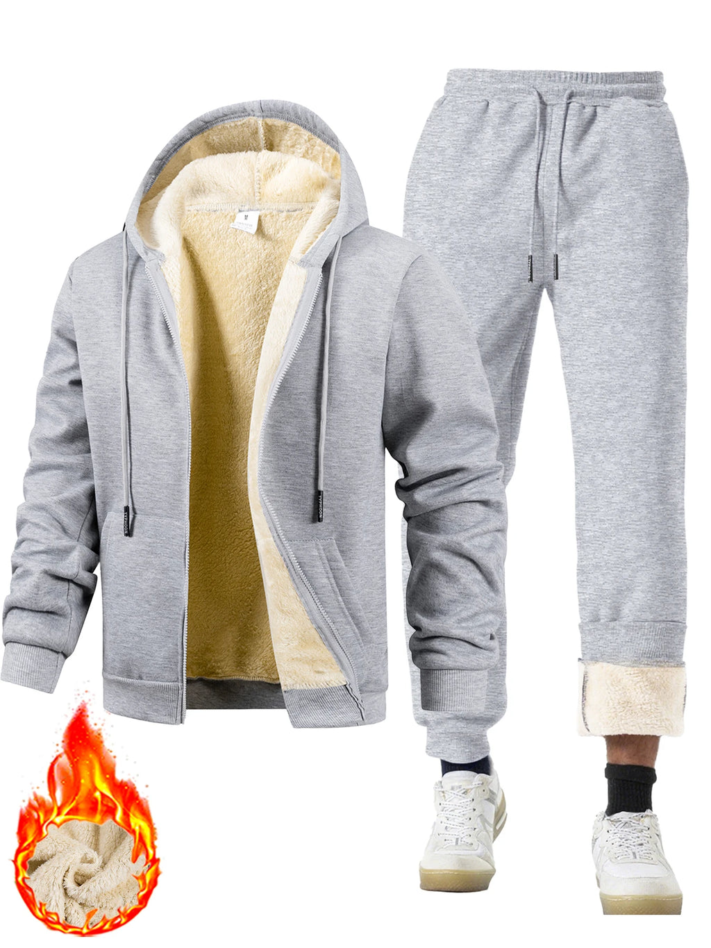 Men's Plush Thickened Winter Hoodie Jacket & Trousers Set – Warm Outdoor Casual Sport Tracksuit