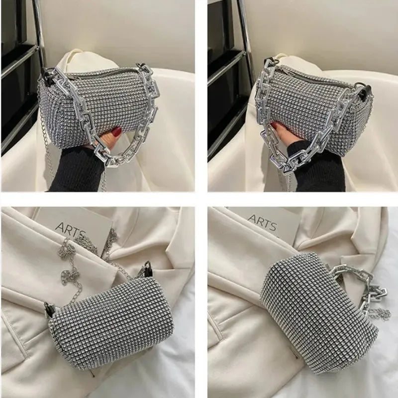 Rhinestone Glitter Mini Crossbody Bag – Chain Prom Purse Pillow Shoulder Bag for Women