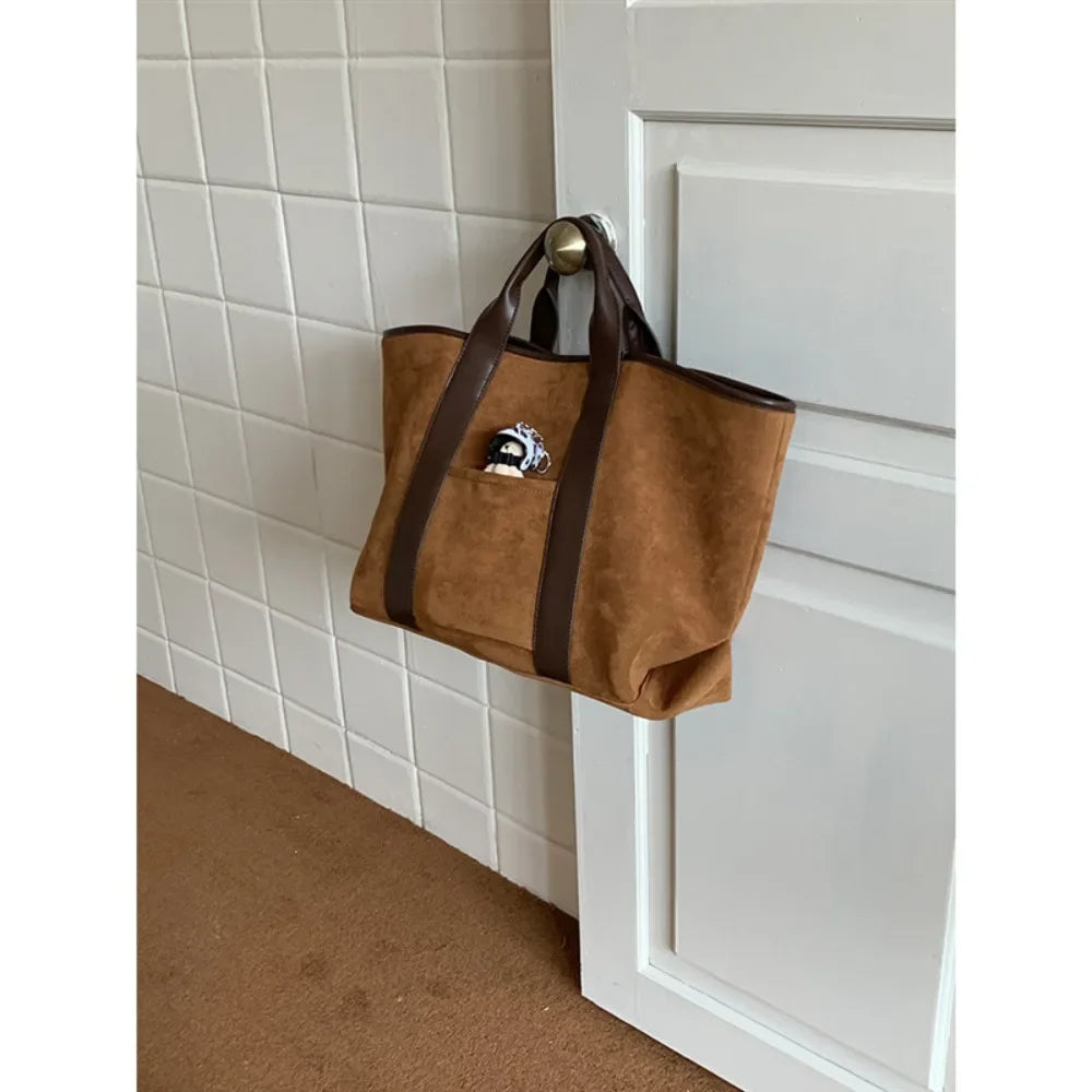 Large Capacity Retro Faux Suede Shoulder Tote Bag – Luxury Commuter Travel Handbag for Women
