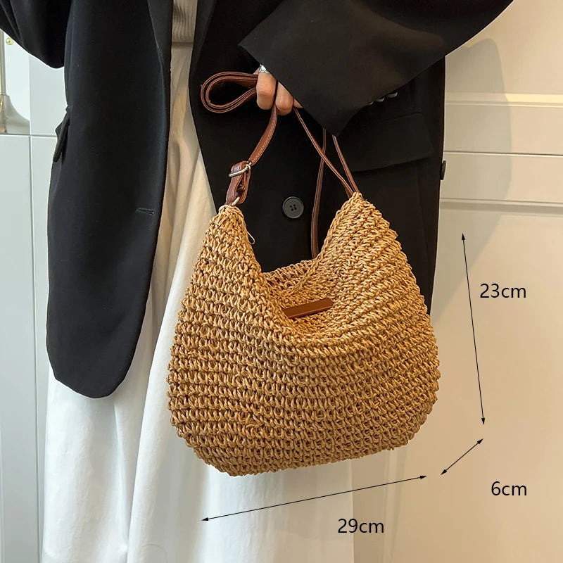 Handmade Straw Rattan Woven Tote Bag – Bohemian Beaded Summer Beach Shoulder Bag for Women