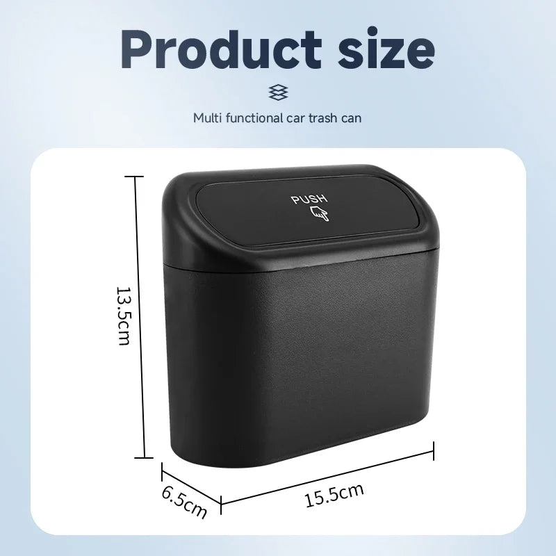 Black multi-functional car trash can with dimensions on a light blue background