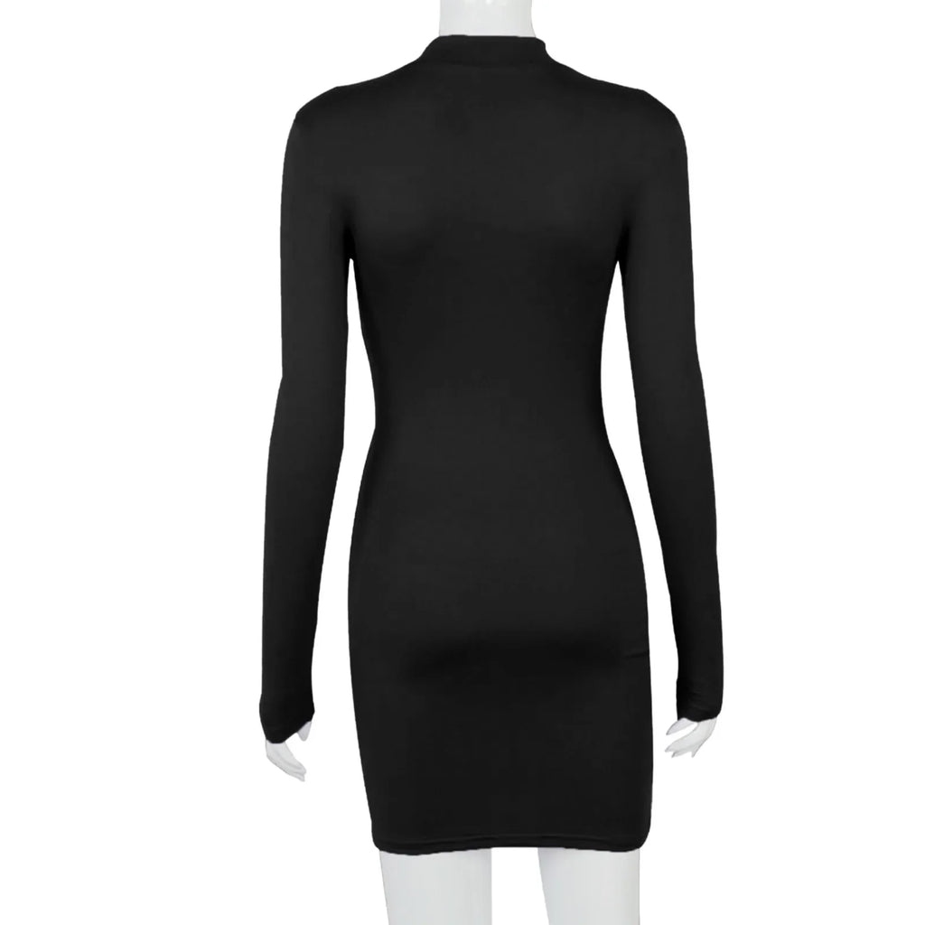 Long Sleeve O-Neck Drawstring Tight-Fitting Dress — Solid Slim Elegant Party Dress