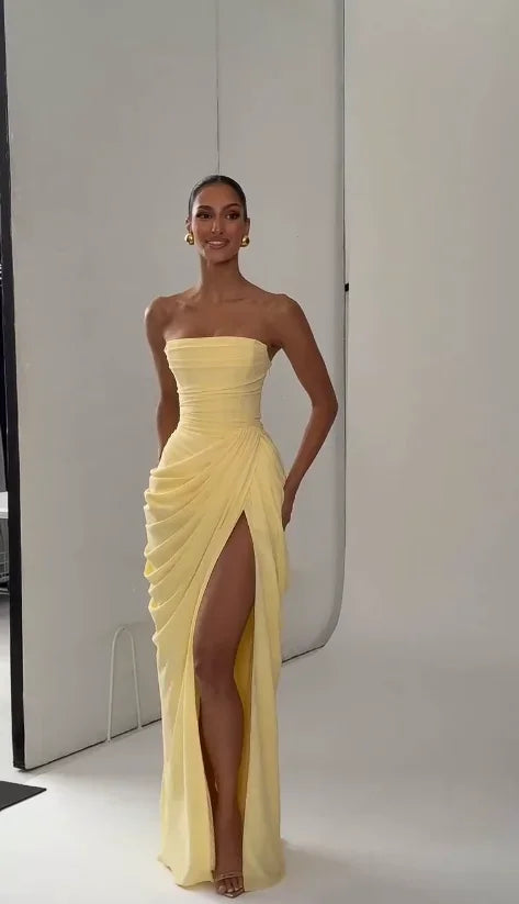 Sexy Strapless Pleated Maxi Dress – Off-Shoulder Backless High Waist Split Evening Party Gown
