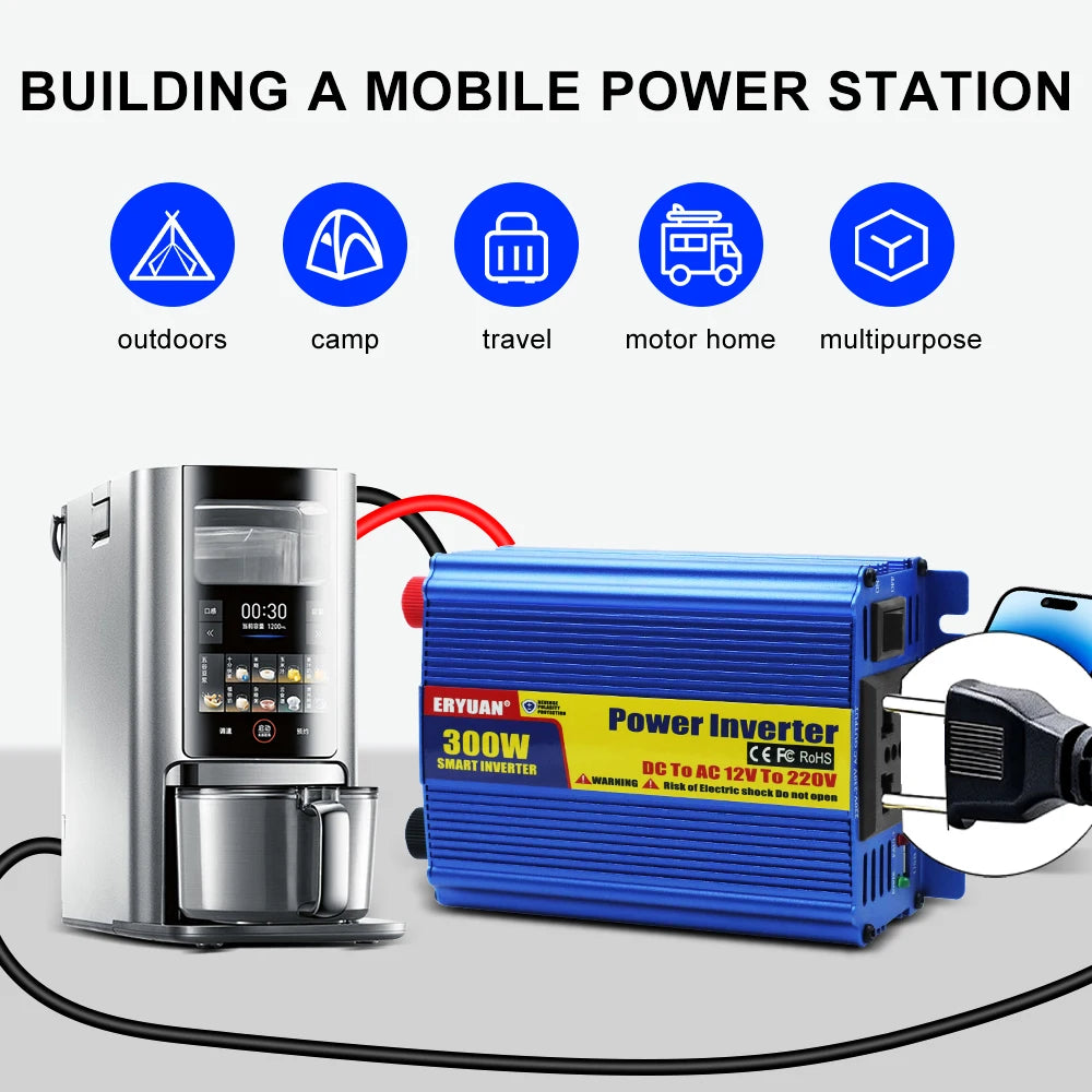 Blue ERYHUANG 300W power inverter shown with a coffee maker and a phone charging cable, under the heading 'BUILDING A MOBILE POWER STATION' with icons for outdoors, camp, travel, motor home, and multipurpose use.