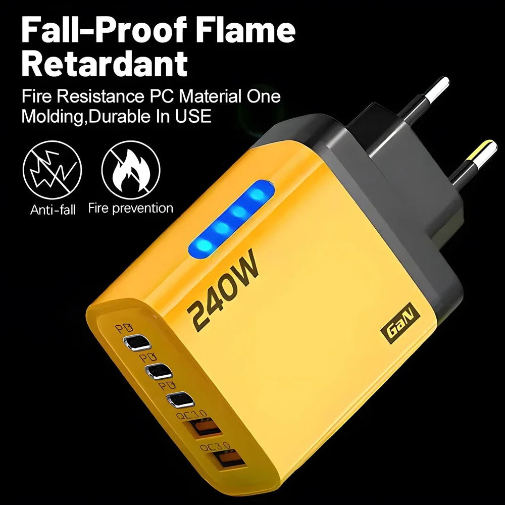 Charge 5 Devices at Once. — 5-Port USB-C PD GaN Charger | 240W Max, Quick Charge 3.0, iPhone 16/15, Samsung, Xiaomi, Huawei, US & EU Plug