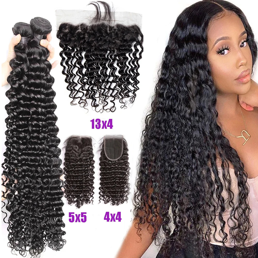 Brazilian Human Hair Bundles With Closure Deep Wave Raw 3 4 Bundles With 4x4 5x5 HD Lace Closure Curly Weave With 13x4 Frontal