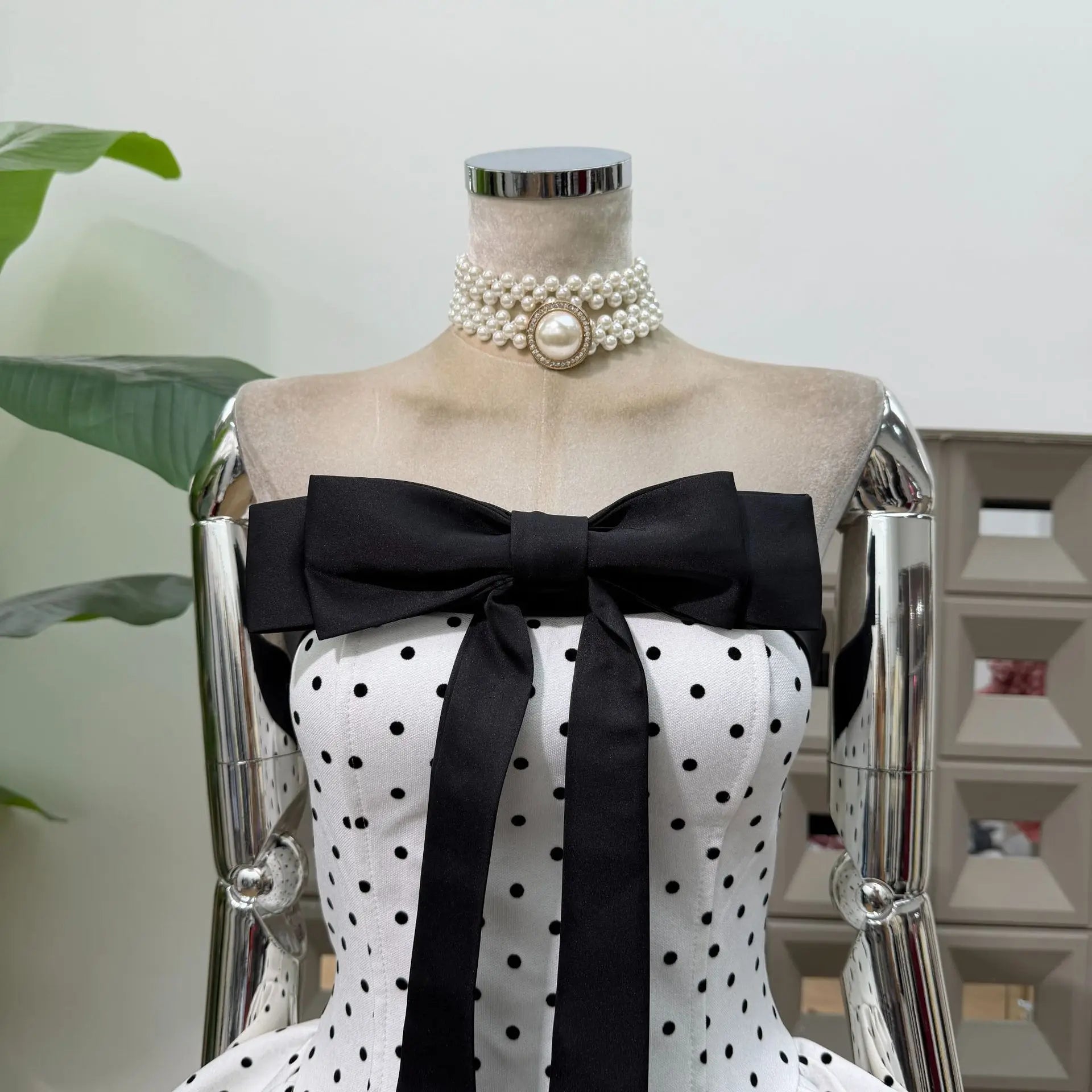 Women's Strapless Backless Polka Dot Bow A-Line Dress – Party Evening Ball Gown