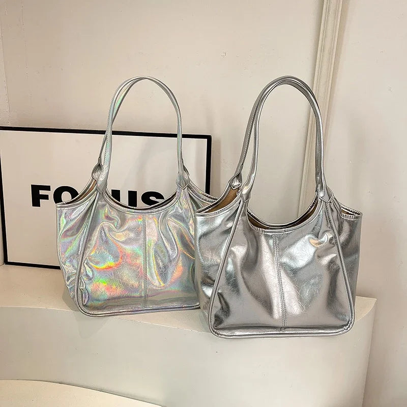 Silver TPU Large Capacity Tote Bag – Luxury Business Shoulder Handbag for Women