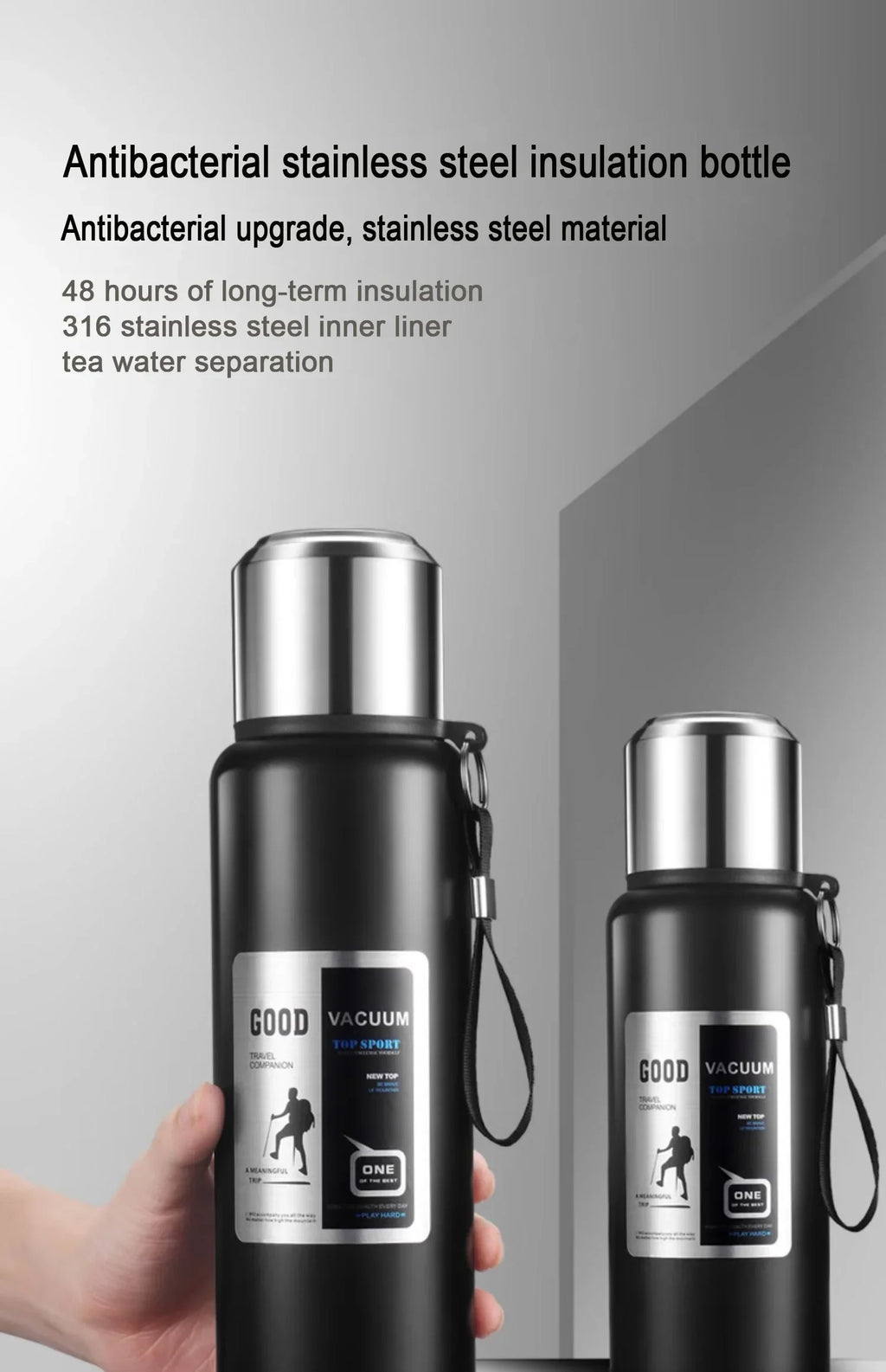 CZSAE 316 SS Vacuum Thermos Tumbler – Bullet Shape, 12–24Hr Insulated, 600ml–2000ml, Silver & Black, CE Certified