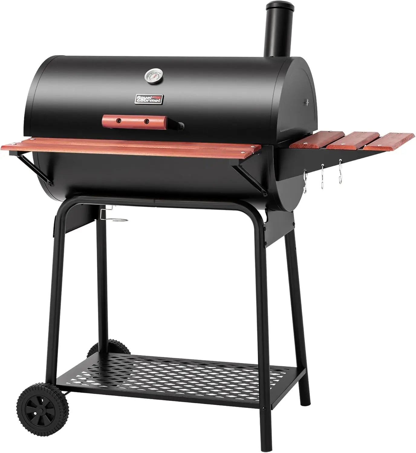 Charcoal BBQ Barrel Grill 30-Inch | 627 Sq. In. Cooking Surface, Woodgrain Side Table, Lid Thermometer, Adjustable Fire Grate, Outdoor Patio & Backyard