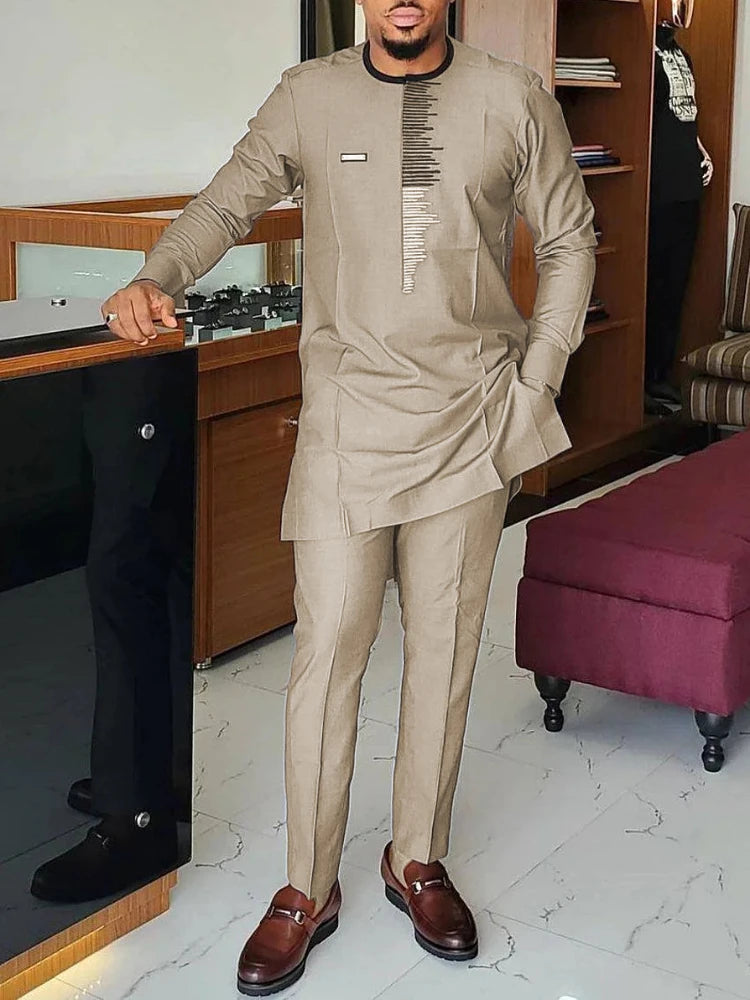 Men's Geometric Print Long Sleeve Top & Drawstring Pants Two-Piece Suit