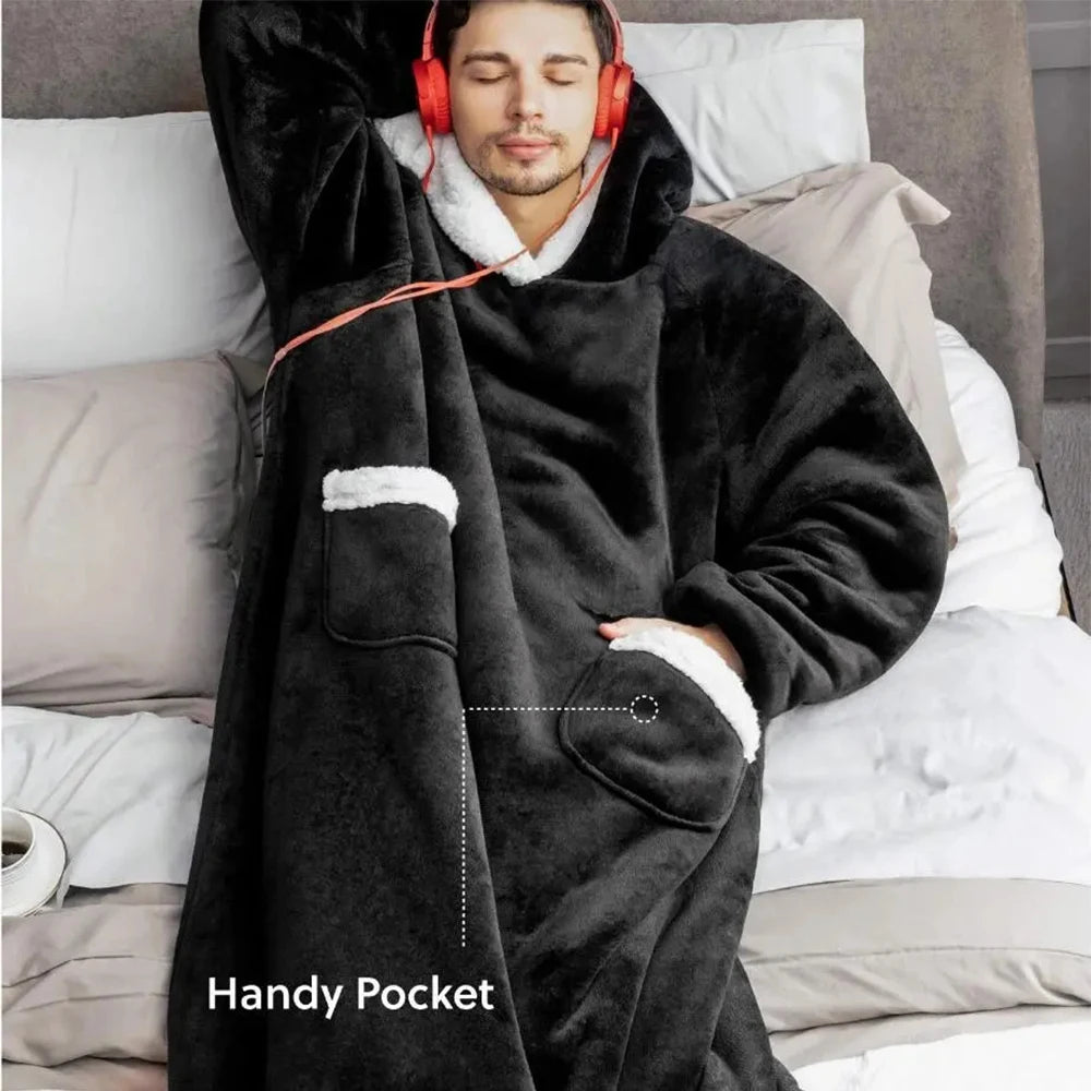 Super Long Flannel Blanket Hoodie – 180cm Oversized Fleece Sweatshirt with Sleeves for Women & Men