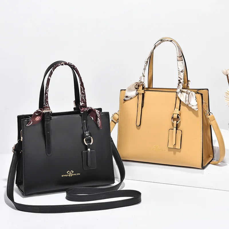 Elegant PU Square Tote Bag – Silk Scarf Crossbody Shoulder Handbag for Women