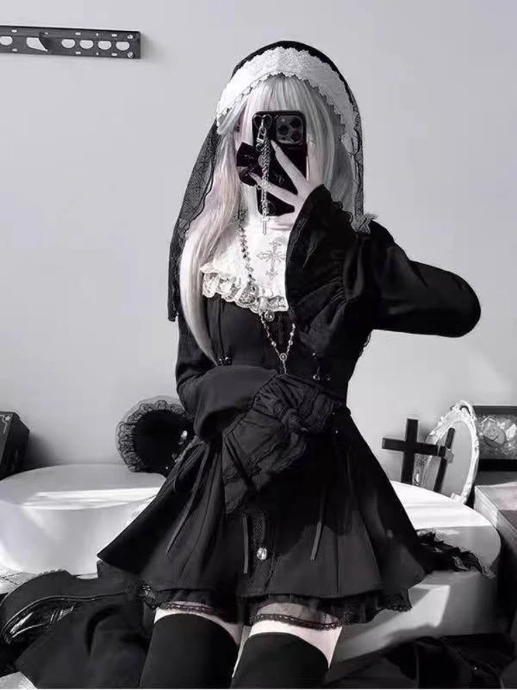 Japanese Gothic Lolita Mini Dress — Harajuku Y2K Bow Lace Ruffle Party Dress