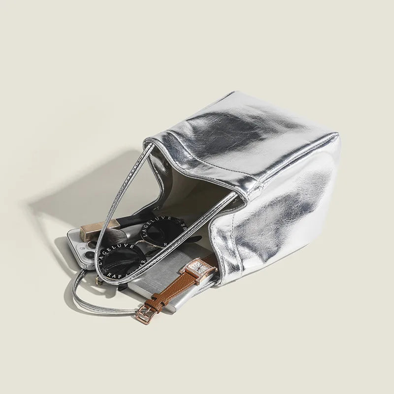 Sparkling Silver Glittery Mini Drawstring Bucket Bag – PU Crossbody Handbag with Wallet for Women