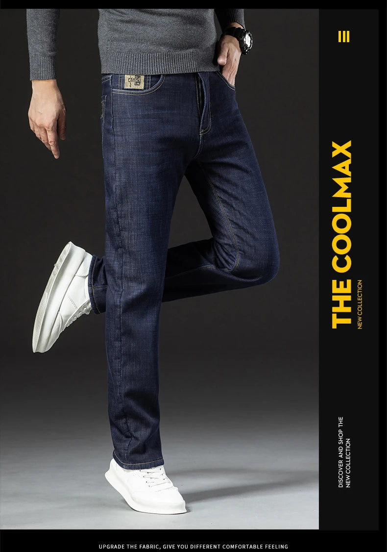 Men's Fleece-Lined Straight Denim Jeans — Warm Thick Winter Stretch Jeans