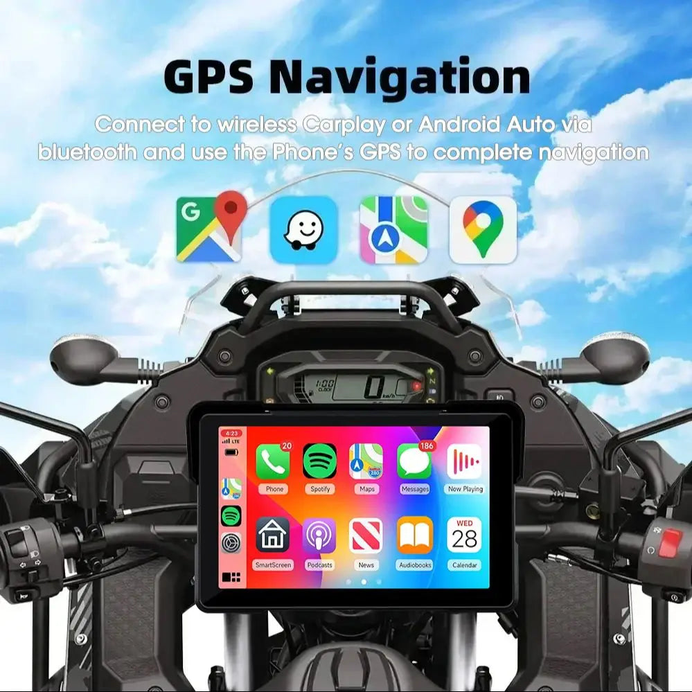 5"/7" Motorcycle CarPlay Screen – Wireless CarPlay & Android Auto, GPS Navigation, Dual Bluetooth, IPX7