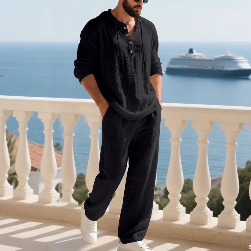 Men's Linen Casual Loose Hooded Henley Shirt & Long Pants Set – Relaxed Autumn 2-Piece Suit