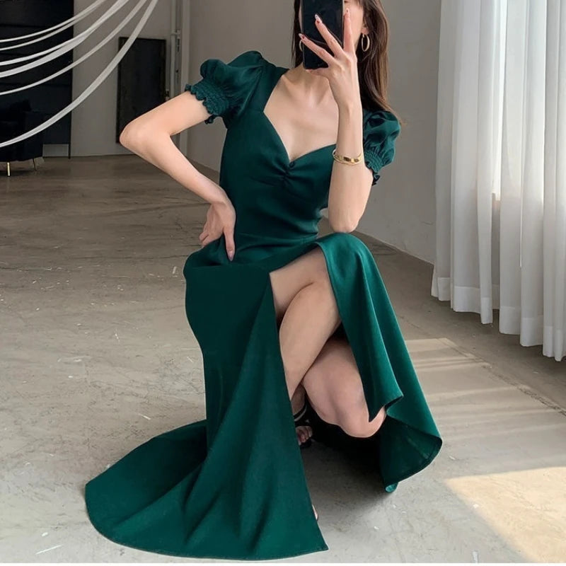 V-Neck Puff Sleeve A-Line Maxi Dress — Side Slit Slim Evening Party Dress