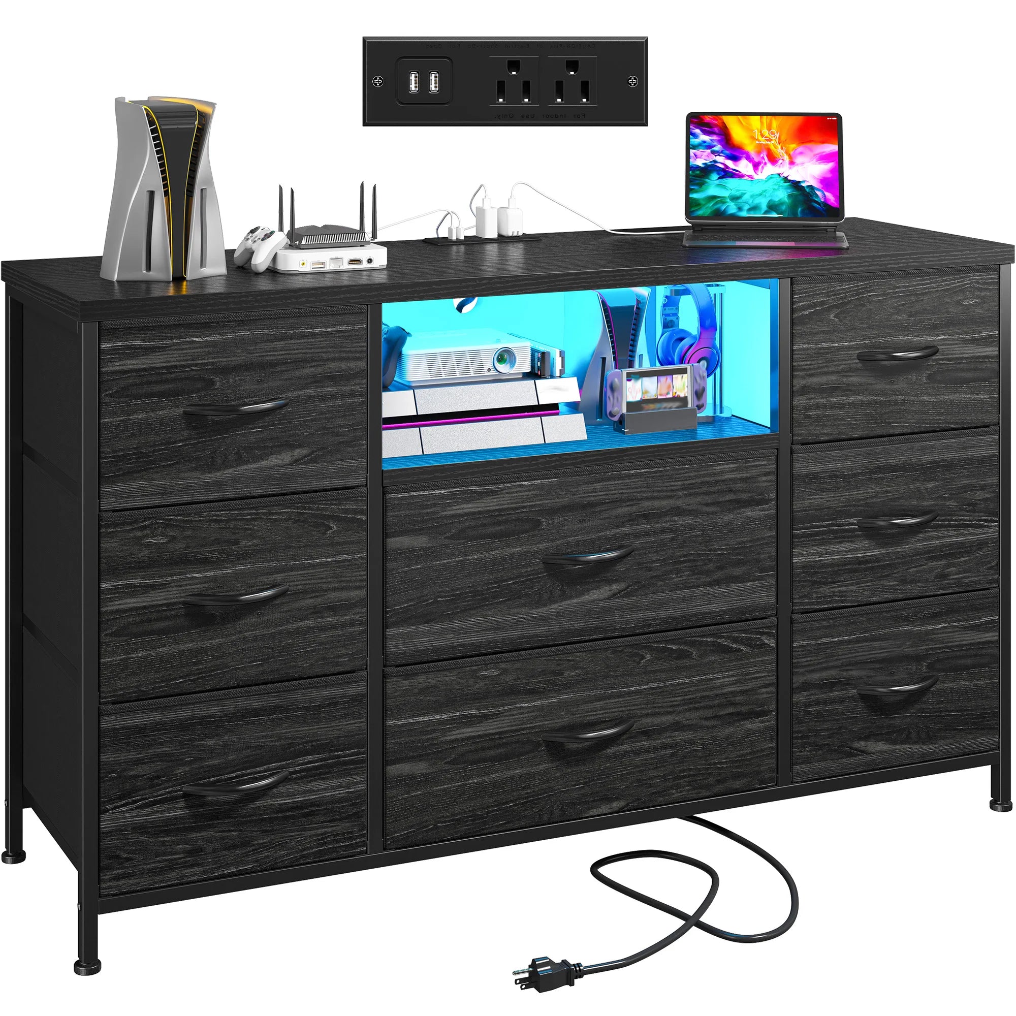 8-Drawer Media Dresser with LED Lighting & Built-In Charging Station — Fabric Storage Cabinet for 55" TVs