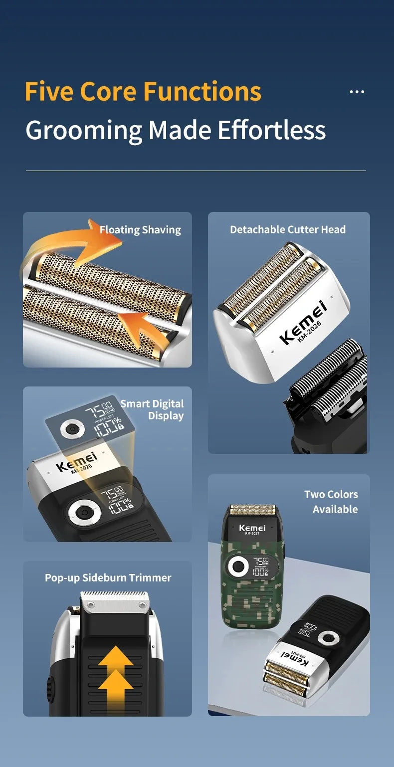Kemei KM-2026 / KM-2027 Foil Electric Shaver – Dual-Layer Blade, 120-Min Runtime, USB Rechargeable