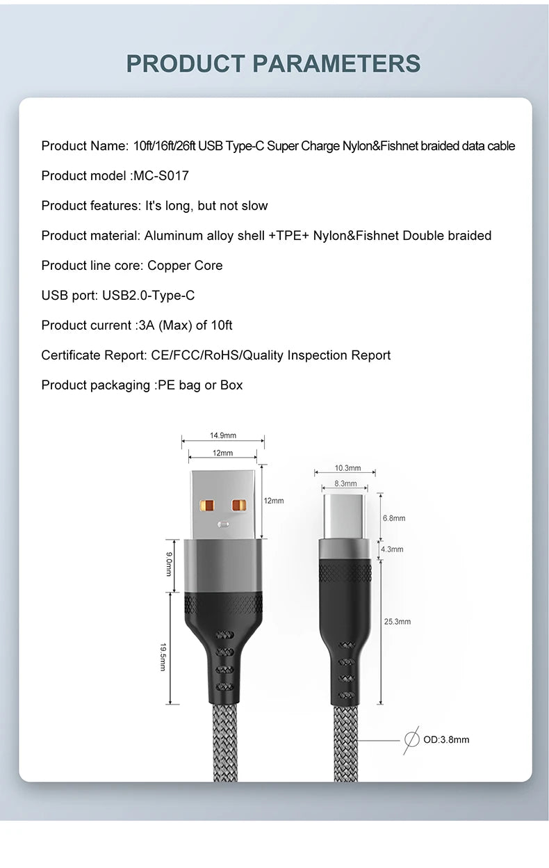 Charge Faster. Reach Further. — USB-A to USB-C 6A Super Fast Charging Braided Cable | 1m, 1.5m, 2m, 3m, 5m & 8m, CE Certified