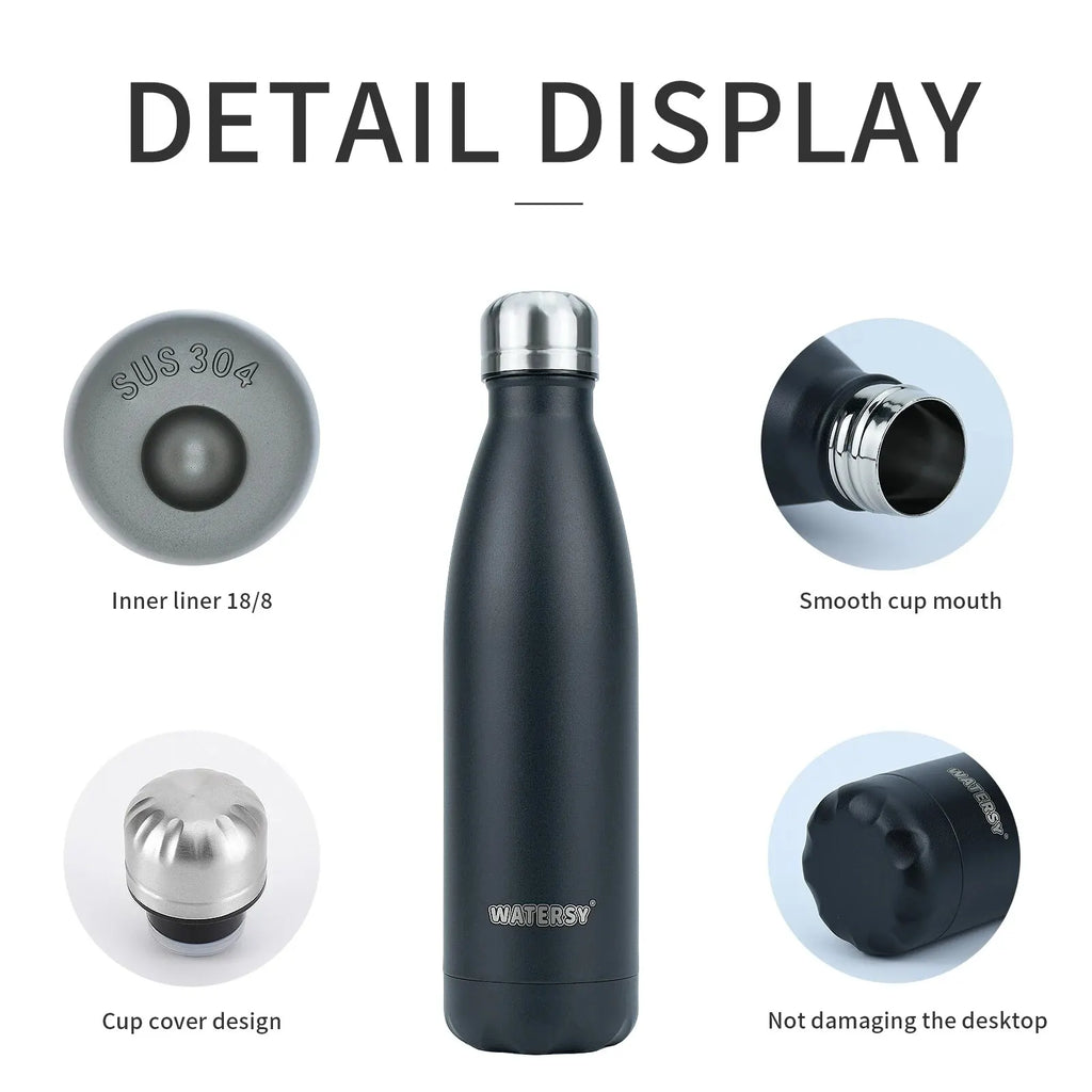 WATERSY 500ml Insulated Vacuum Flask – 304 Stainless Steel Double-Wall Thermal Water Bottle, 12–24hr, 18 Colors
