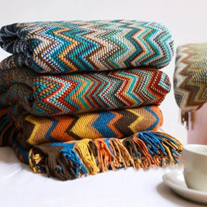 Boho Aztec Throw Blanket – Woven Plaid Sofa Cover, Wall Tapestry & Bed Blanket
