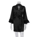 White Feather & Fur Trim Satin Robe | Bridal Nightgown Bathrobe for Women