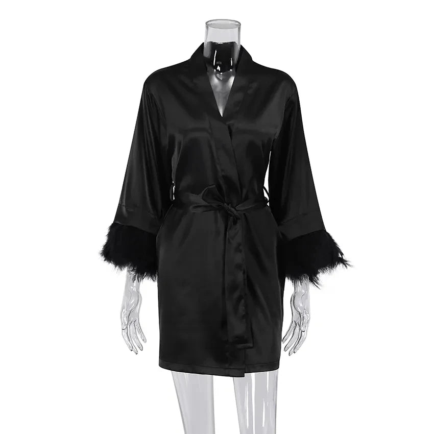 White Feather & Fur Trim Satin Robe | Bridal Nightgown Bathrobe for Women