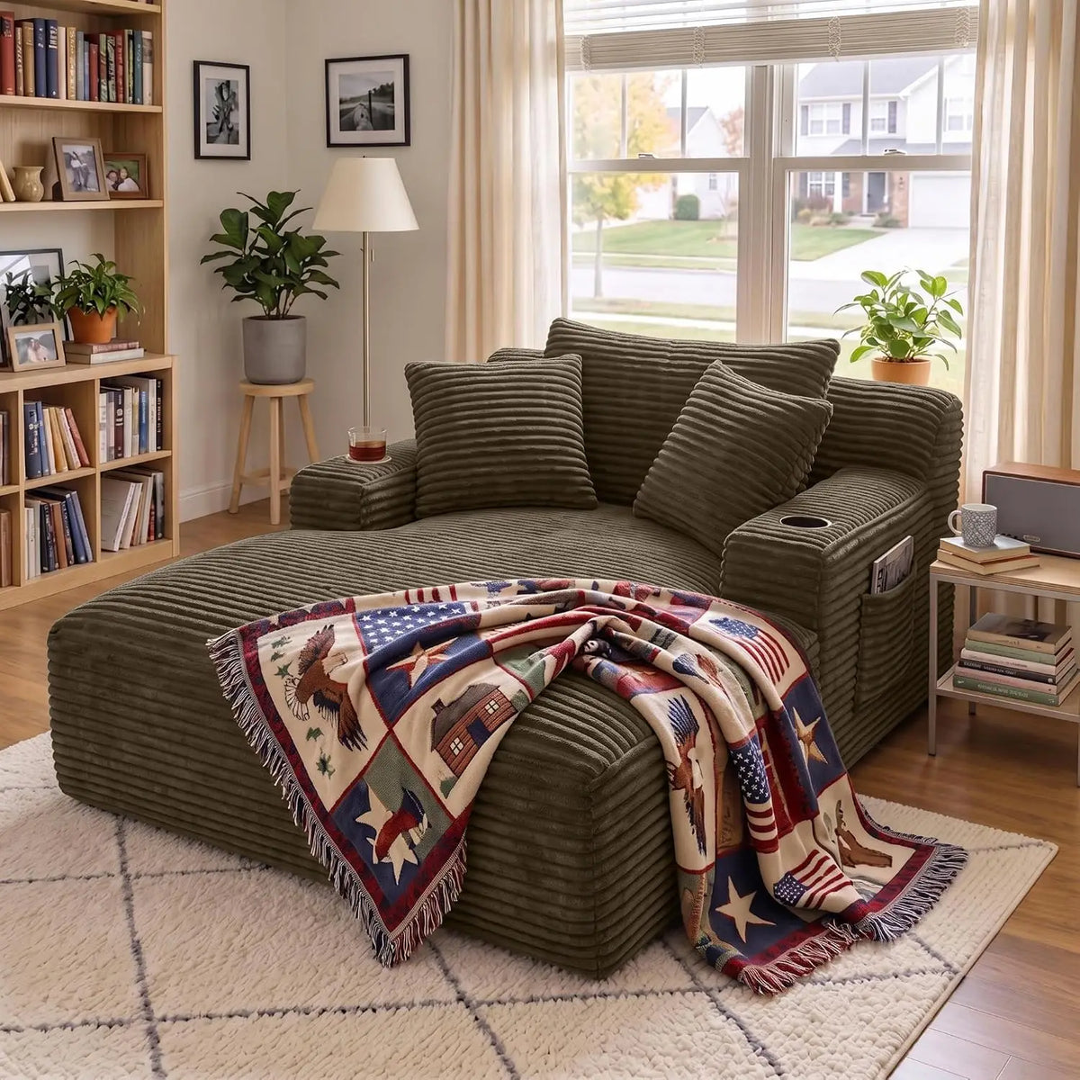 66-Inch Corduroy Chaise Lounge with 3 Pillows