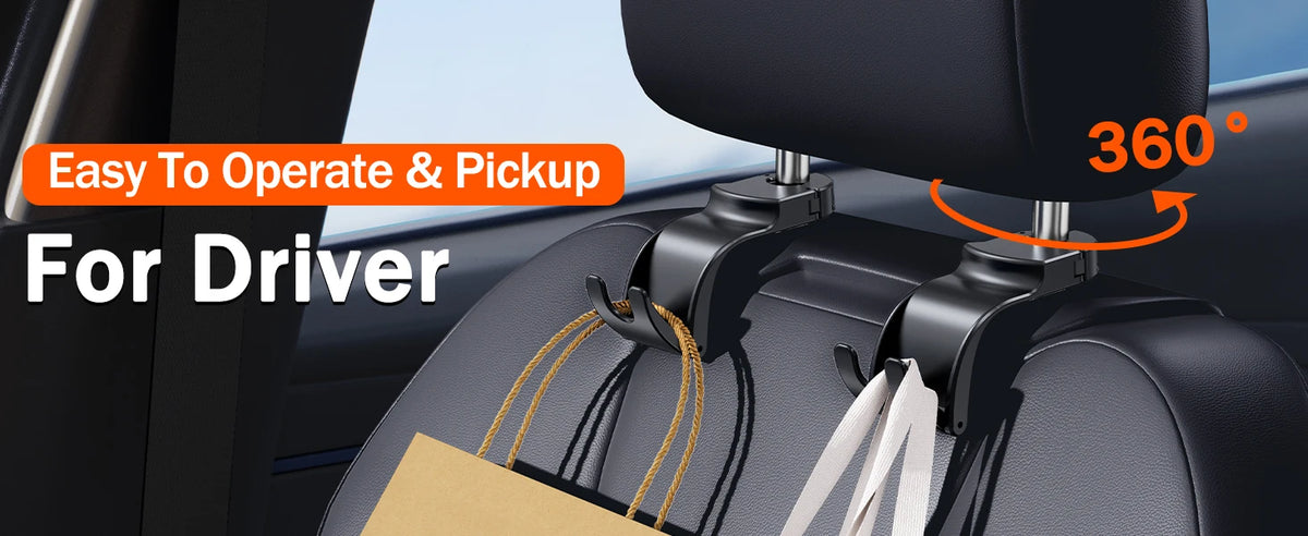 Black car seat backrest organizer clips mounted on two headrests, holding shopping bags, with promotional text reading 'Easy To Operate & Pickup For Driver' and a '360°' angle indicator.