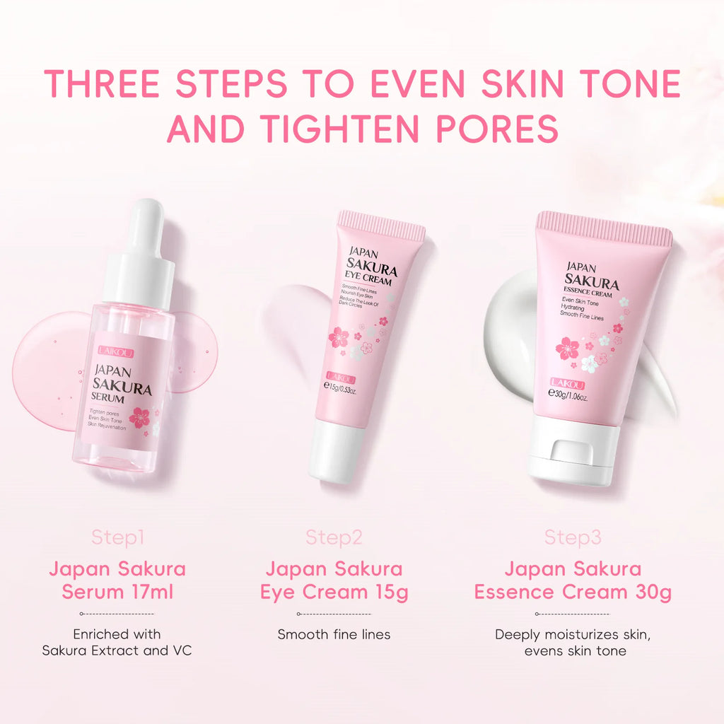 LAIKOU Sakura Skincare Gift Set – Brightening Serum, Eye Cream & Essence Cream 3-Piece Box