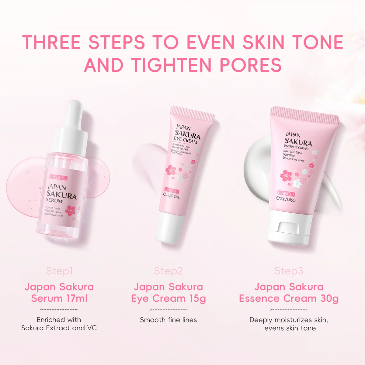 LAIKOU Sakura Skincare Gift Set – Brightening Serum, Eye Cream & Essence Cream 3-Piece Box
