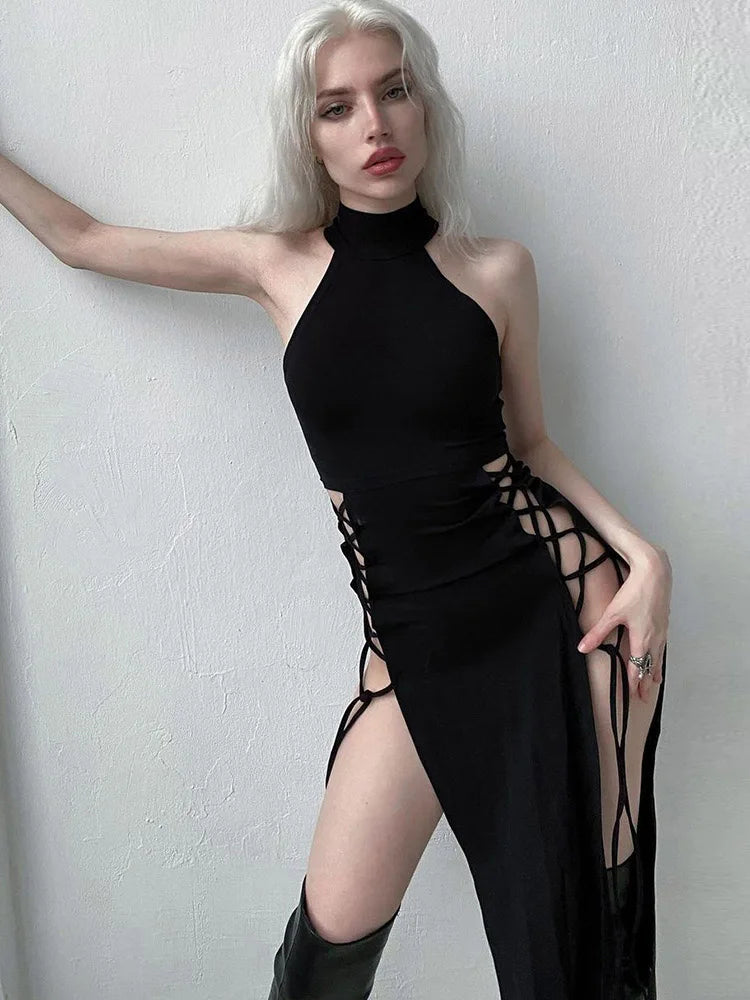 Gothic Halter Bandage Midi Dress — High Split Sexy Alt Partywear