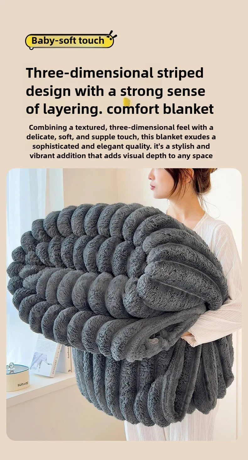 Striped Plush Blanket – Soft Faux Rabbit Fur Throw