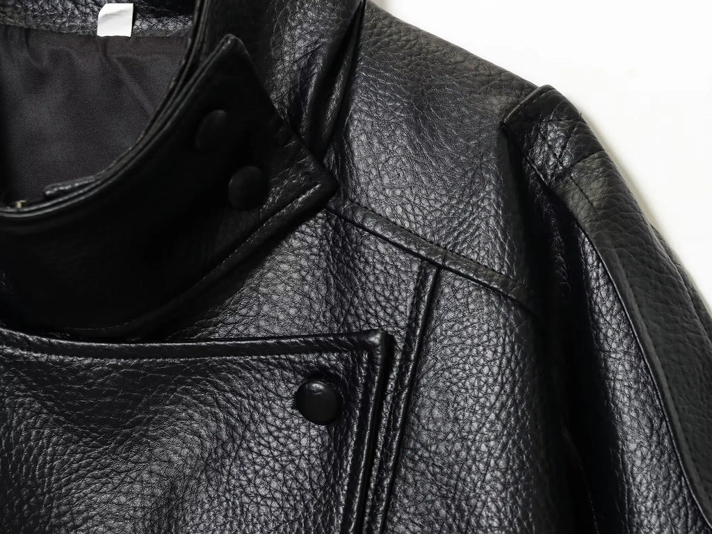 TFMLN Chic Black Faux Leather Jackets Women Long Sleeve Buttons Elastic Oversized Coats Fashion 2025 Autumn Winter Streetwear