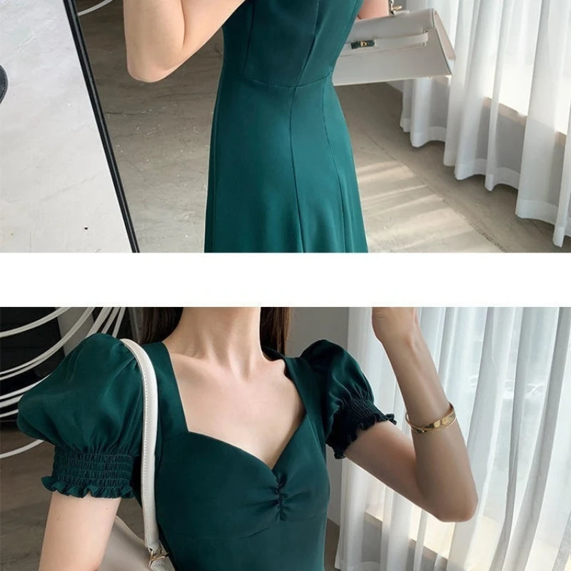 V-Neck Puff Sleeve A-Line Maxi Dress — Side Slit Slim Evening Party Dress