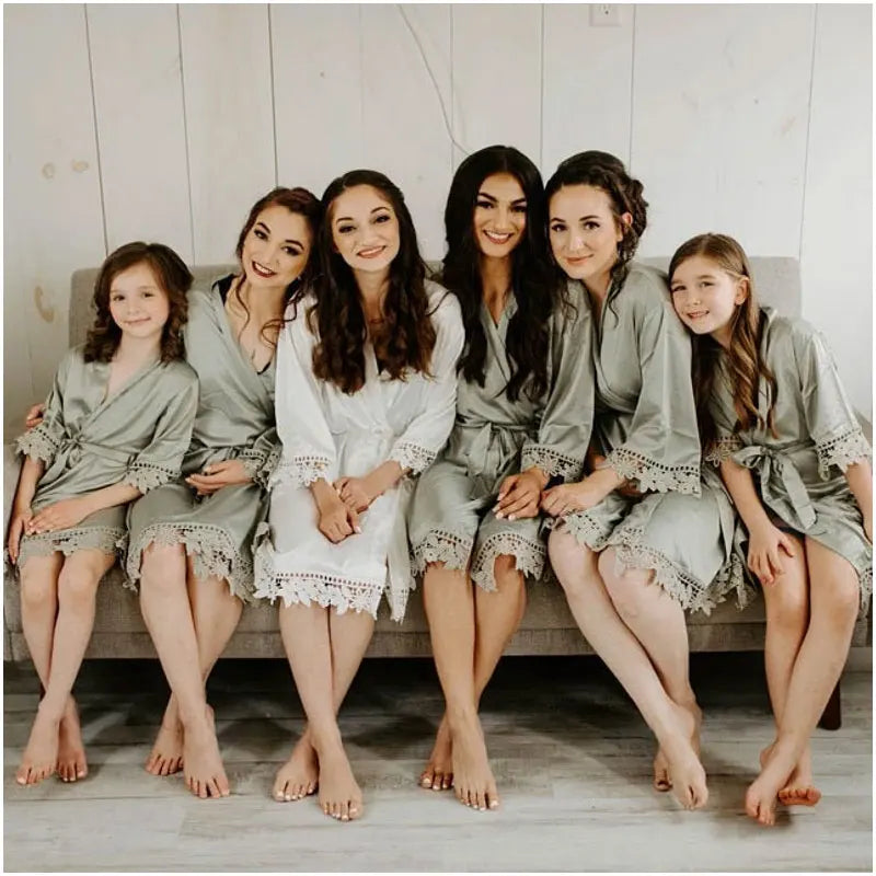 Bridesmaid Satin Lace Robe | Bridal Party Wedding Dressing Gown with Lace Trim
