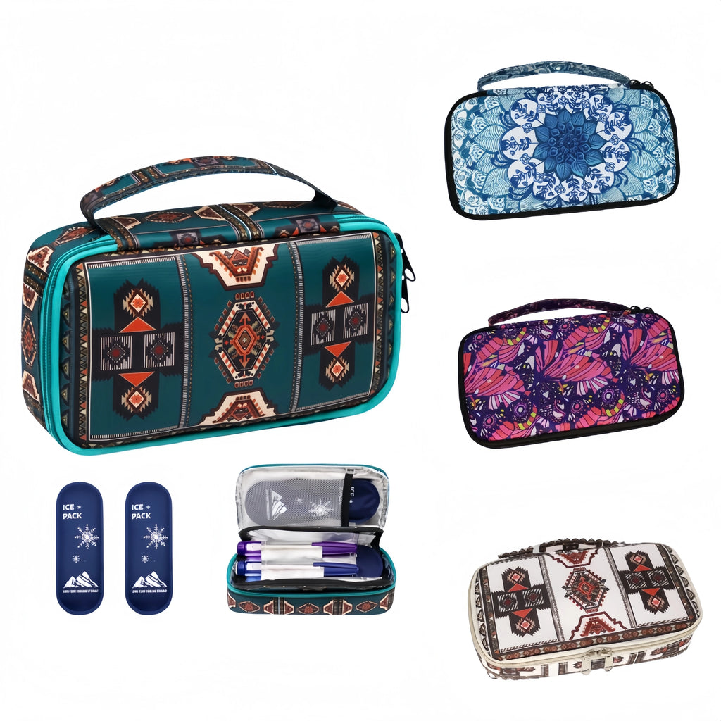 Large Portable Insulin Cooler Travel Bag – Lightweight Boho Flower Print for Outdoor Camping & Travel
