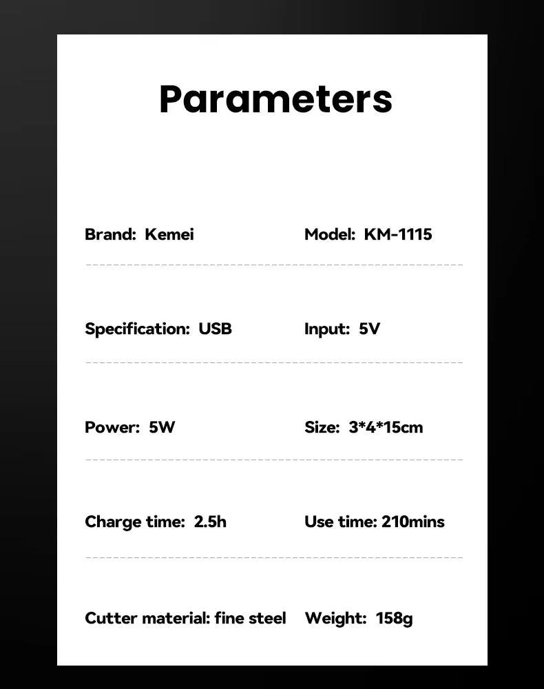 Kemei KM-1115 Professional Hair Clipper – USB Fast Charge, 160-Min Battery, Low Noise, Cordless