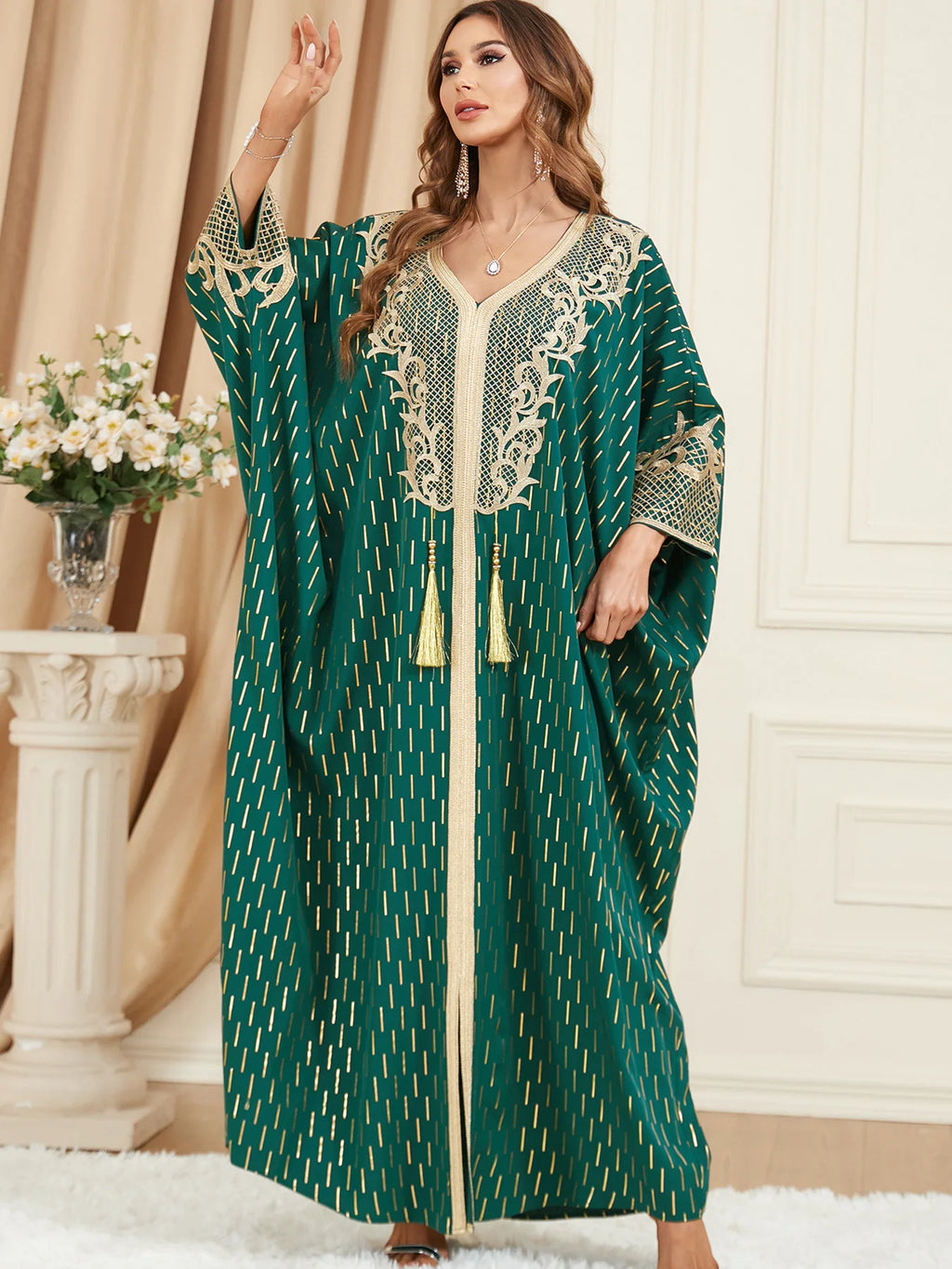Muslim Abaya Bat Sleeve V-Neck Tassel Evening Dress — Loose Elegant Dubai Maxi Robe