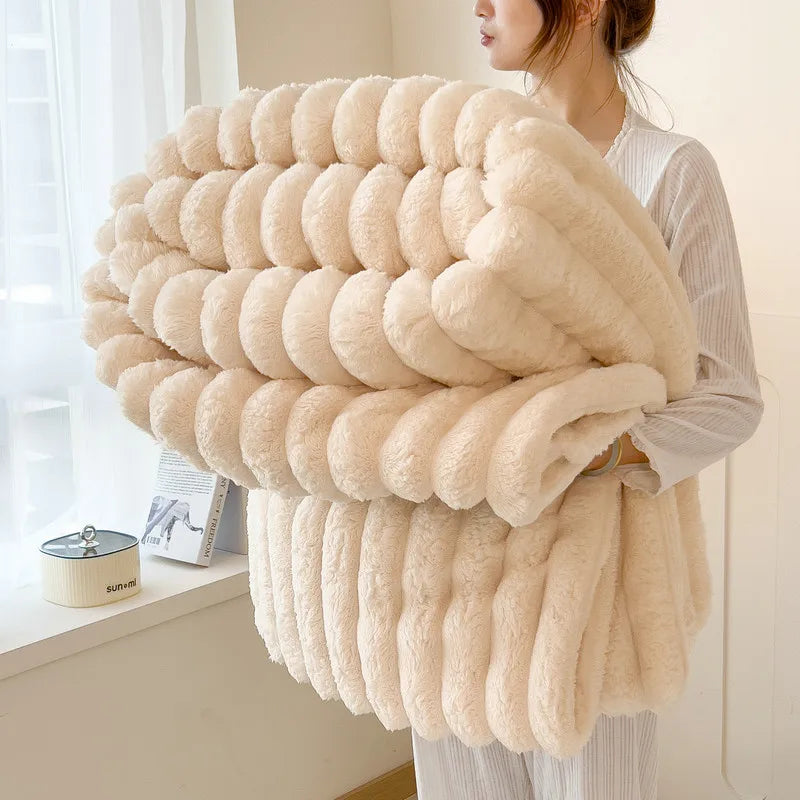 Striped Plush Blanket – Soft Faux Rabbit Fur Throw