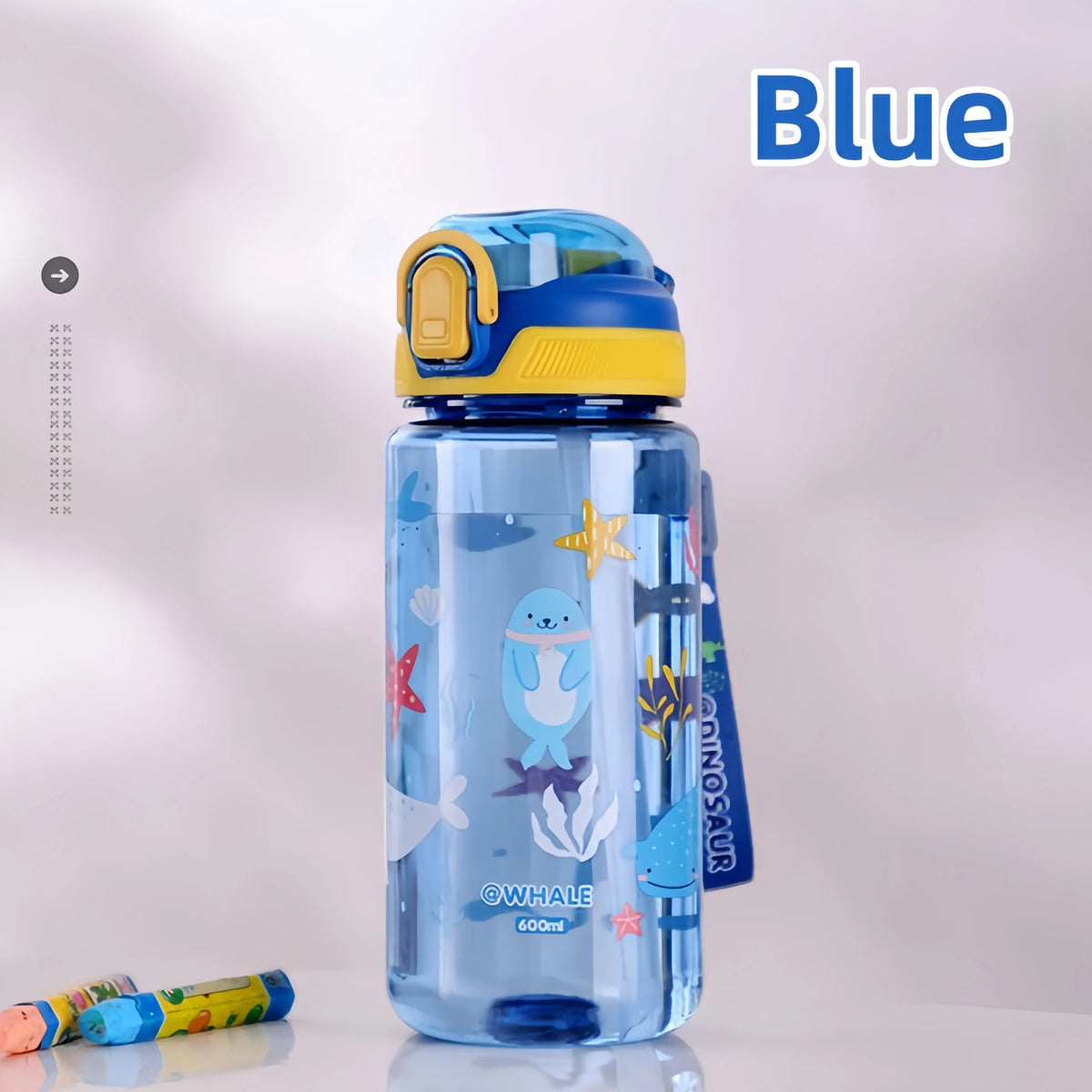 600ml Dinosaur Kids Water Bottle – BPA-Free Silicone Straw Sippy Cup, Leakproof with Carry Rope