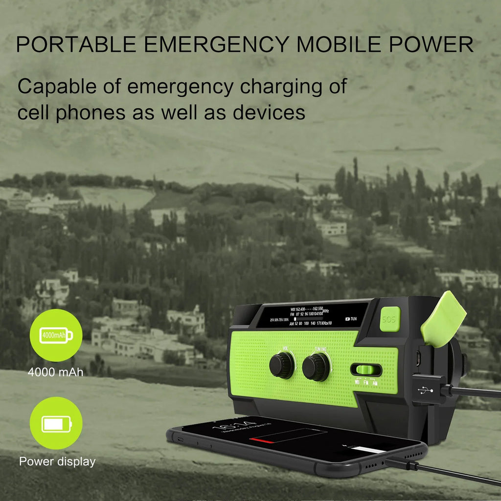 Emergency Weather Radio — FM/AM/WB, Hand Crank Solar, 2000mAh Power Bank & LED Flashlight