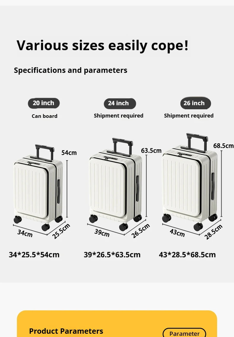 New Front Open Suitcase Hut Trolley Box 20/24/26 Inch High Quality Frame Large Capacity Suitcase Men's Ladies' Travel Case