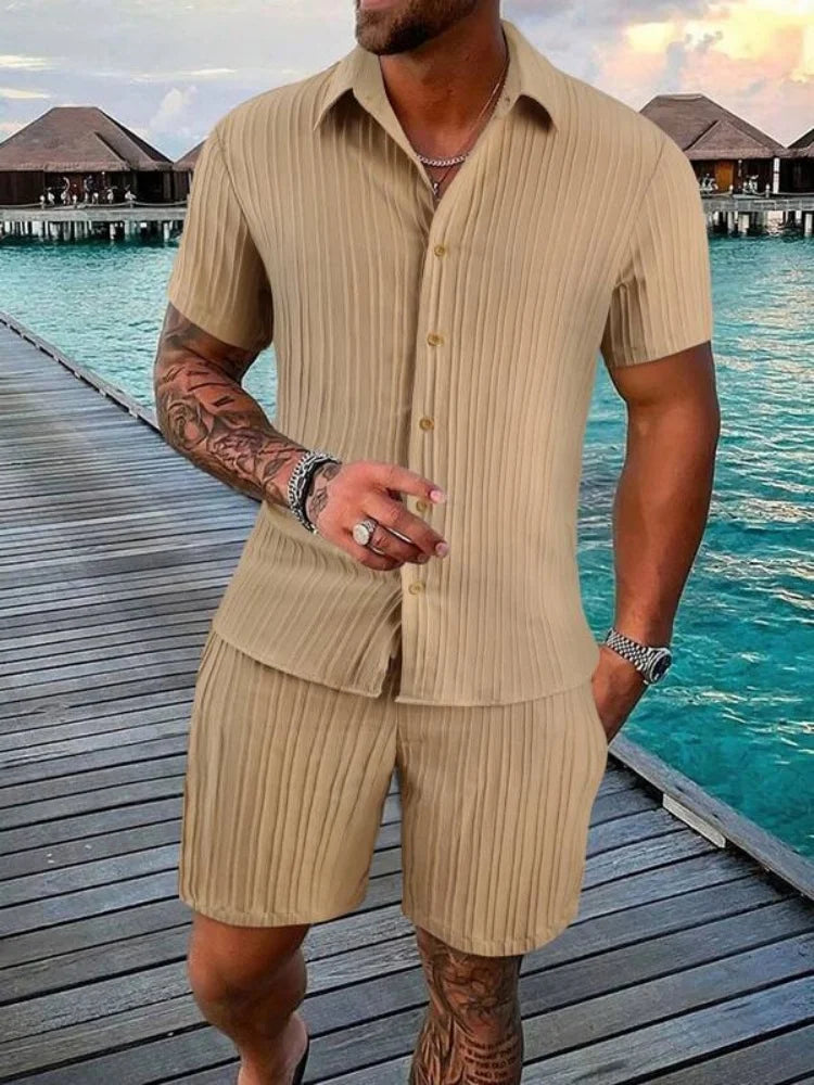 Men's Striped Collared Button-Down Shirt & Drawstring Shorts Set – Solid 2-Piece Beach