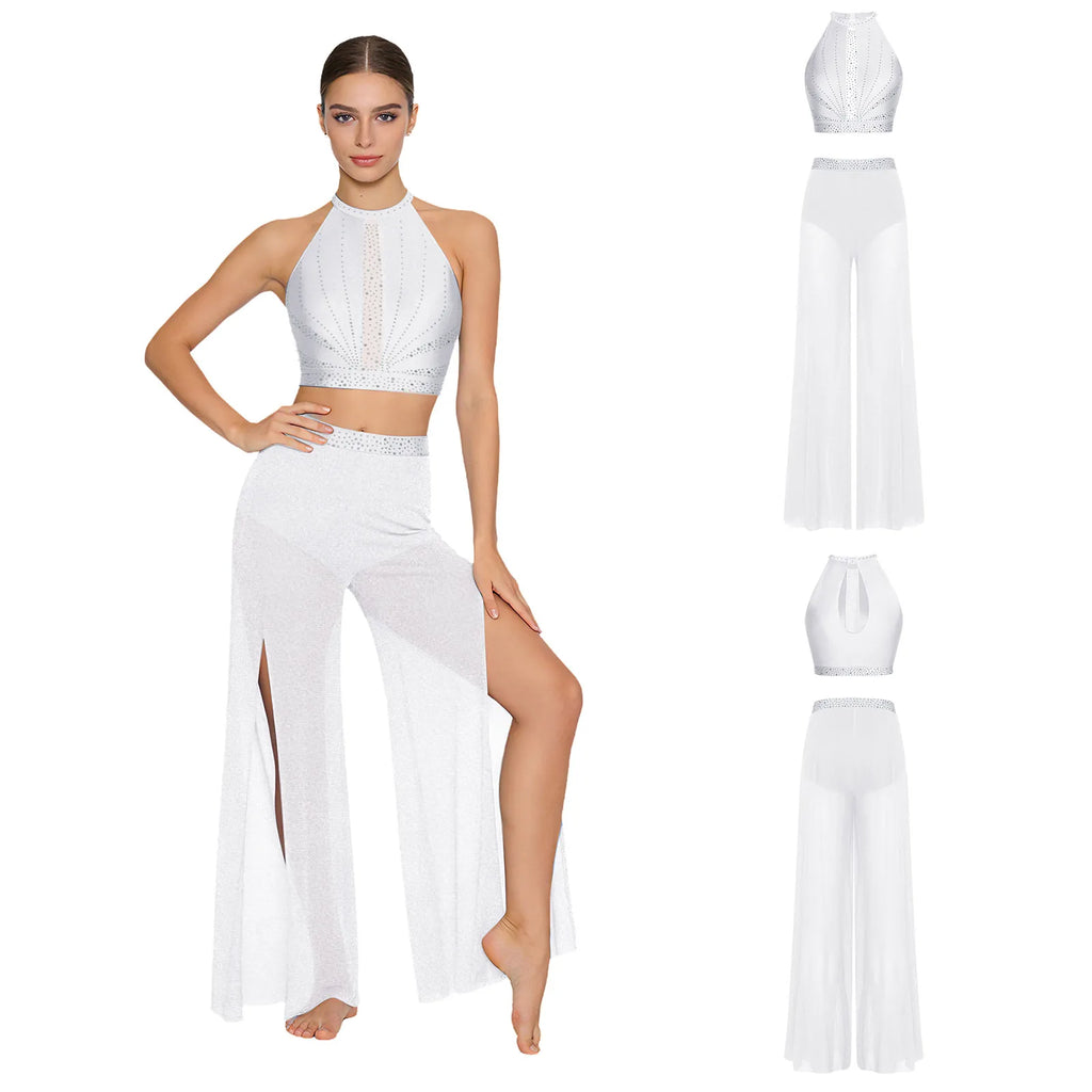 Women's Dance Performance Costume – Shiny Crop Top & Sheer Pants for Skating, Gymnastics & Ballet