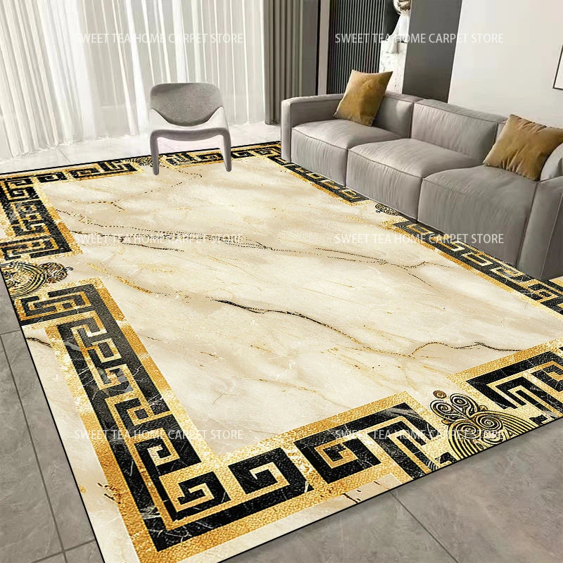 Modern Golden Frame Luxury Carpet – Washable Large Area Rug for Living Room & Bedroom