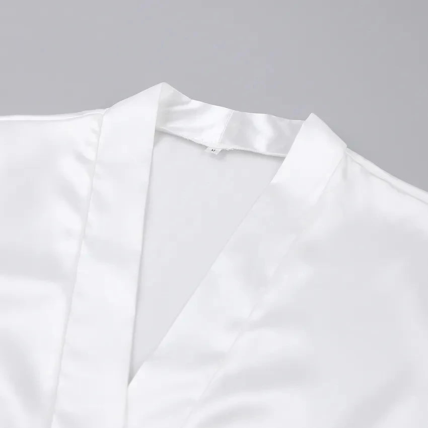 White Feather & Fur Trim Satin Robe | Bridal Nightgown Bathrobe for Women